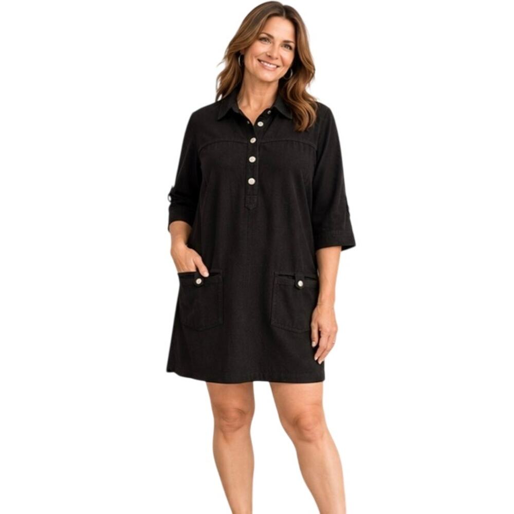 Chico’s Black Utility Tunic Dress, Snap Front, Pockets, Cotton, Women's Size XL